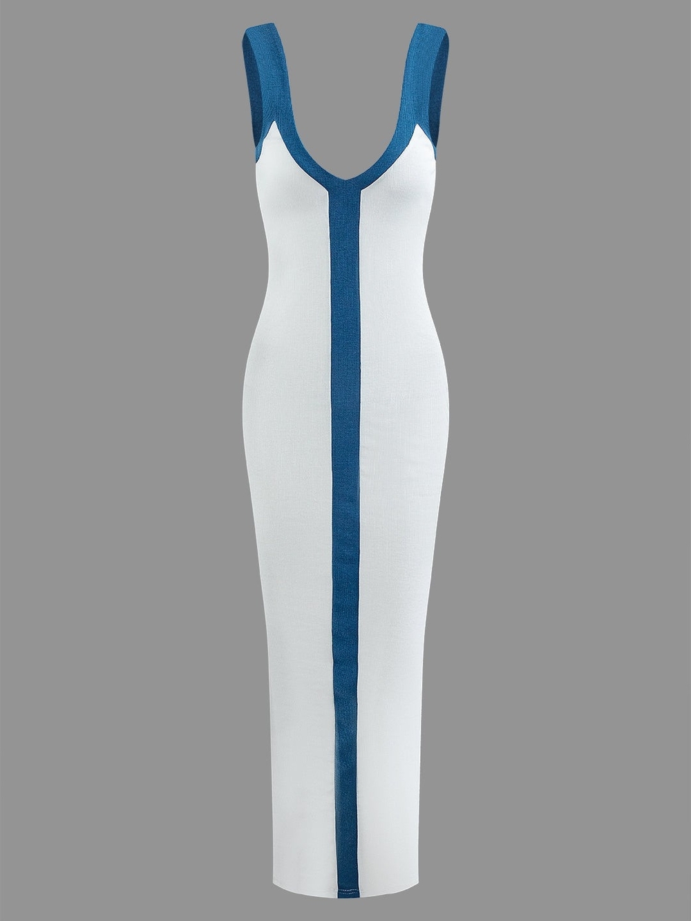 White Maxi Dress with Blue Center Stripe - Sleeveless V-Neck
